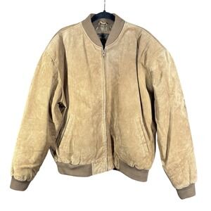 Reed Sportswear‎ Bomber Jacket Men L Tan Suede Leather Full Zip Ribbed Trim